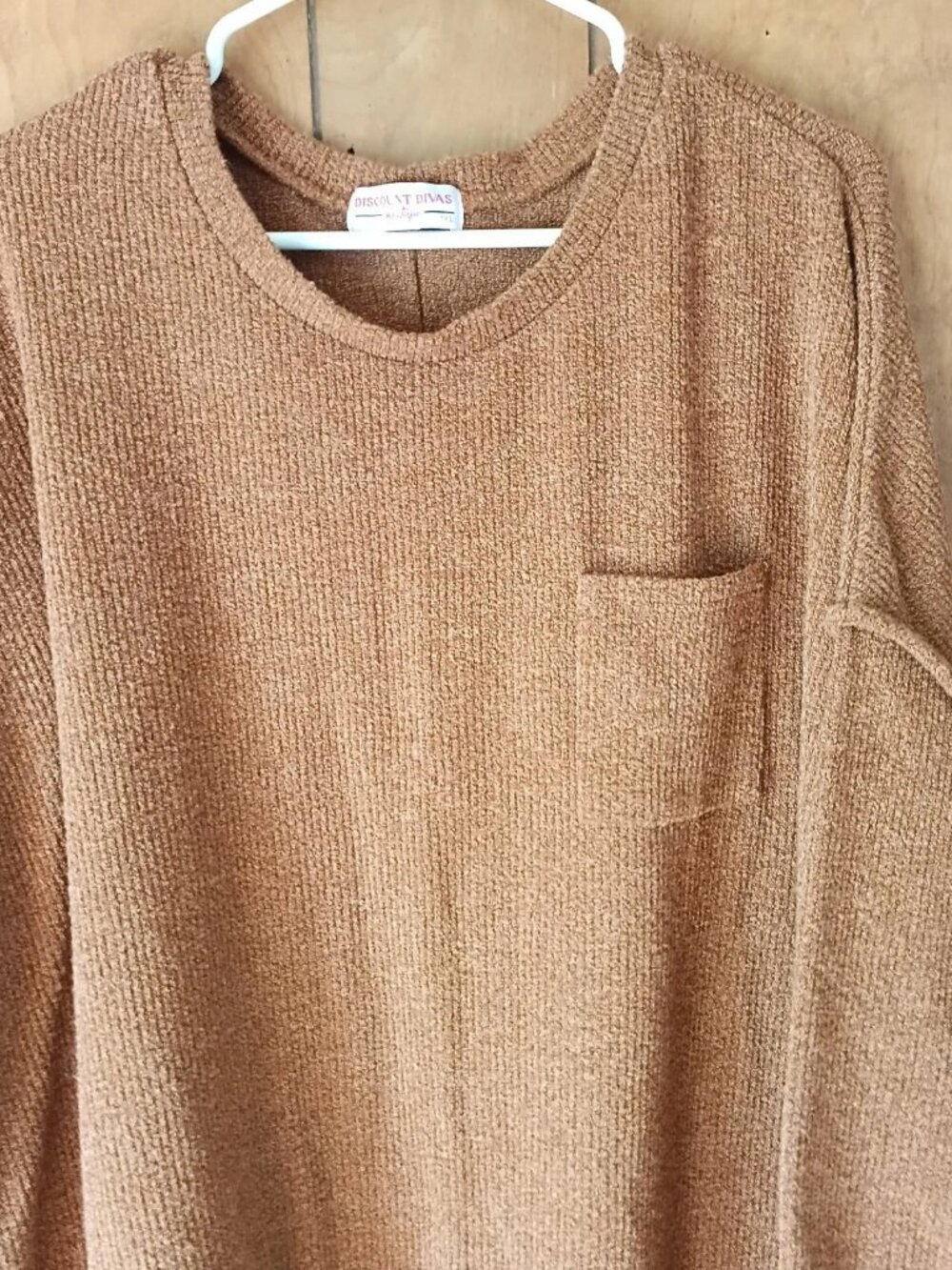 Discount Divas Women’s 1X Oversized Tunic Sweater Top Brown Textured Pocket - Picture 2 of 5